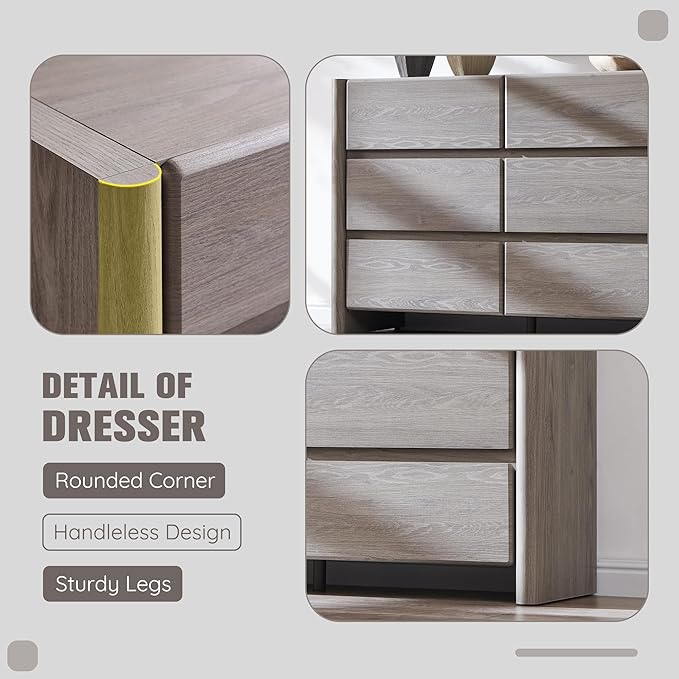 Modern 6 Drawers Dresser for Bedroom, 47" Wide Dresser w/Large Storage & Rounded Corner, Wood Handleless Chests of Drawers w/Natural Texture for Bedroom, Hallway, Living Room-Light Grey