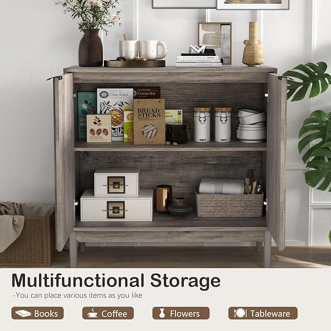 Fluted Cabinet with Storage, Small Buffet Cabinet Sideboard with Door, Kitchen Buffet Storage Accent Cabinets with Adjustable Shelves for Living Room, Entry, Hallway, Gray