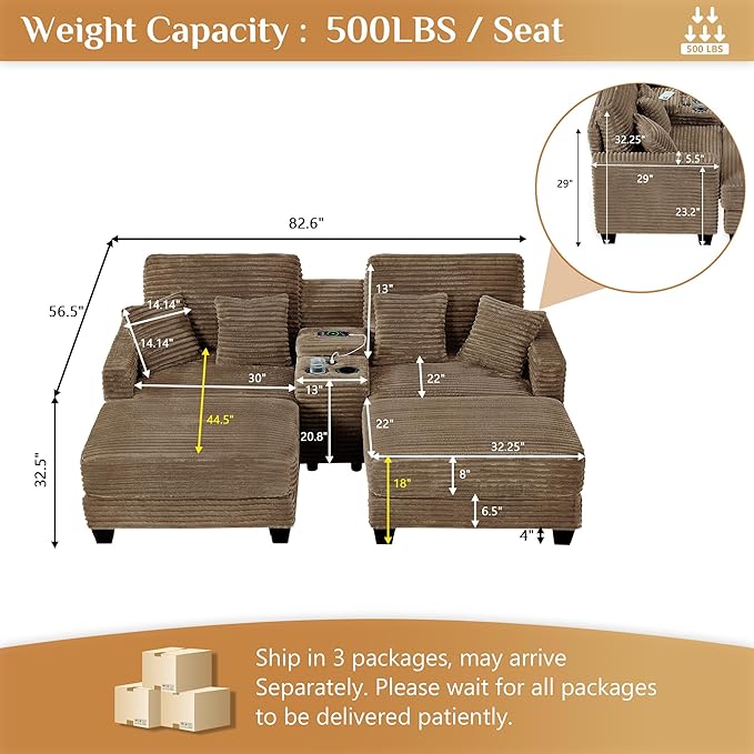 Oversized Chaise Lounge Chair Indoor with Storage & USB, Cup Holder & Ottoman, Firm Solid Wood Frame with Long Service Life Corduroy Oversized Lounge Reading Chair for Large Study Room - Camel