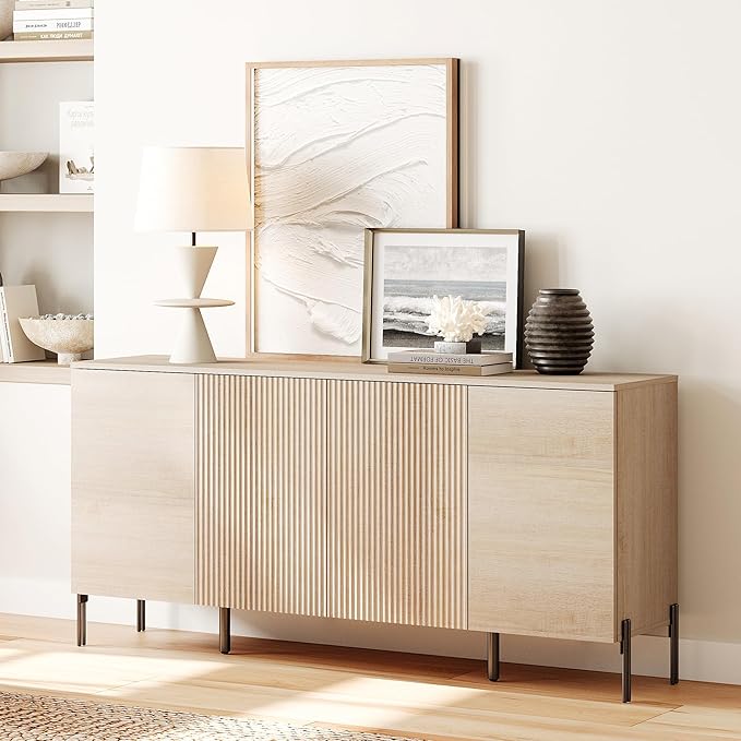 WAMPAT 61.5" Large Sideboard Cabinet with Storages,Fluted Buffet Cabinet with Storage,Modern Buffet Table Coffee Bar Wine Bar Storage Organizer with 4 Doors for Kitchen, Dining Room, Hallway, Beige