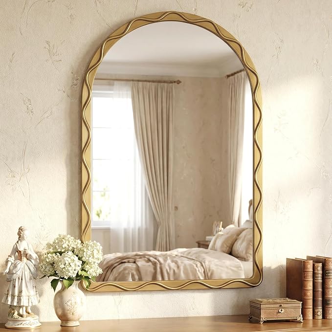Uniclinens Vintage Arched Mirror Decor - Large Antique Gold Scalloped Mirror Decor with Metal Frame, Wavy Decor Mirror for Nursery,Entryway,Fireplace,Living Room,Hallway,Bathroom,24"X36"