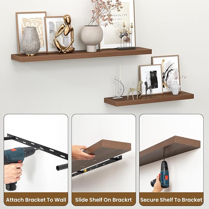 Heimlove Floating Shelves for Wall 40 Inch,Mounted Storage & Display Hanging Shelf with Invisible Brackets,for Bedroom,Living Room,Kitchen,Office,Set of 2,Walnut Color