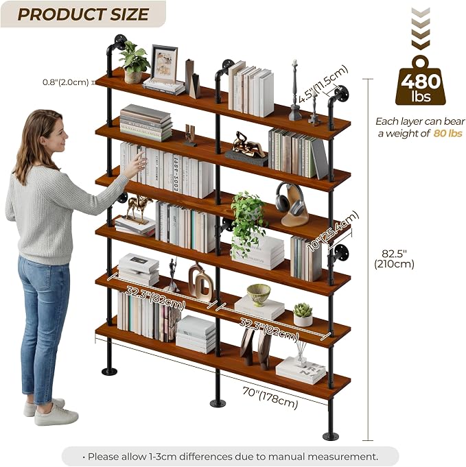 Industrial Ladder Shelf Bookcase, Wall Mounted Rustic Bookshelf, Retro Wood Metal Pipe Industrial Shelves for Living Room(Walnut Brown, 6 Tier - 10" D x 70" W x 82.5" H)