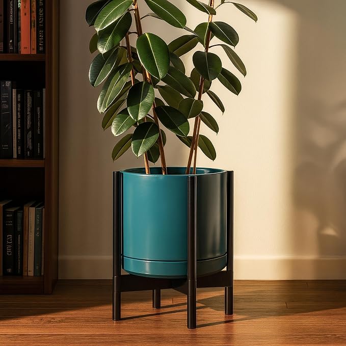 D'vine Dev Ceramic Planter with Ebony Stand - 14 Inch Modern Round Flower Pot with Wood Planter Holder, Teal, 55-B-S-4