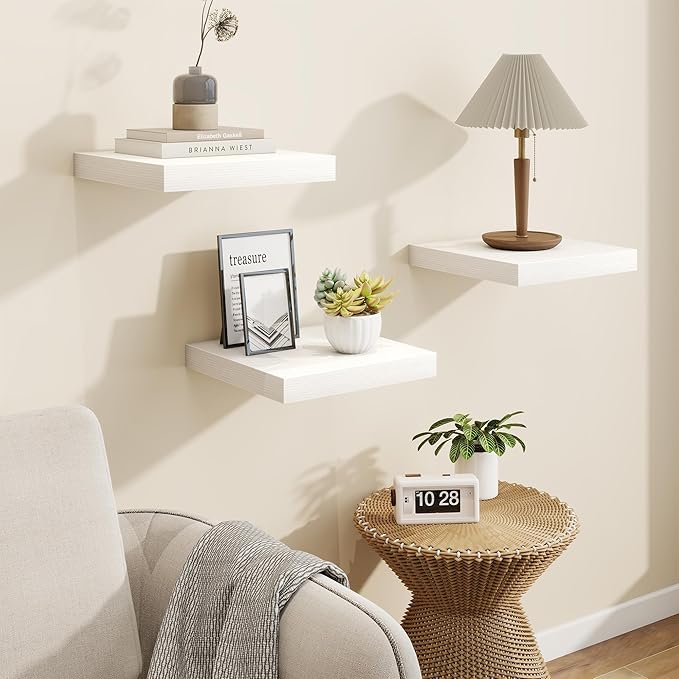 Square Floating Shelves for Wall, 10"W x 10"D x 1.25"H, 3 Packs Small Wall Mounted Engineered Wood Shelves with Invisible Brackets for Living Room, Bedroom, Bathroom, Kitchen Decor, White