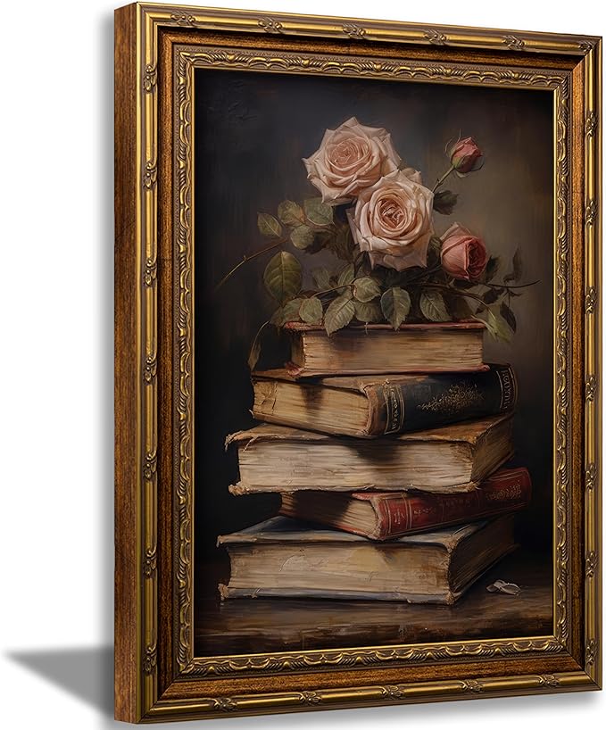 Vintage Gold Framed Retro Floral Books Wall Art Flowers Book Wall Decor Rose and Books Painting Pictures Retro Literary Pictures Artwork for study Gallery Living Room Bedroom 9X11in