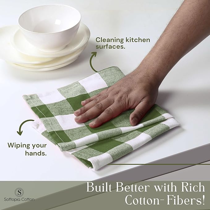 Mint Green and White 12 Pack Buffalo Check Kitchen Towels, 16x26 Inches, 100% Cotton Dish Cloths, Reusable Hand Towels for Drying Glassware, Cleaning Spills, Farmhouse Plaid Towel