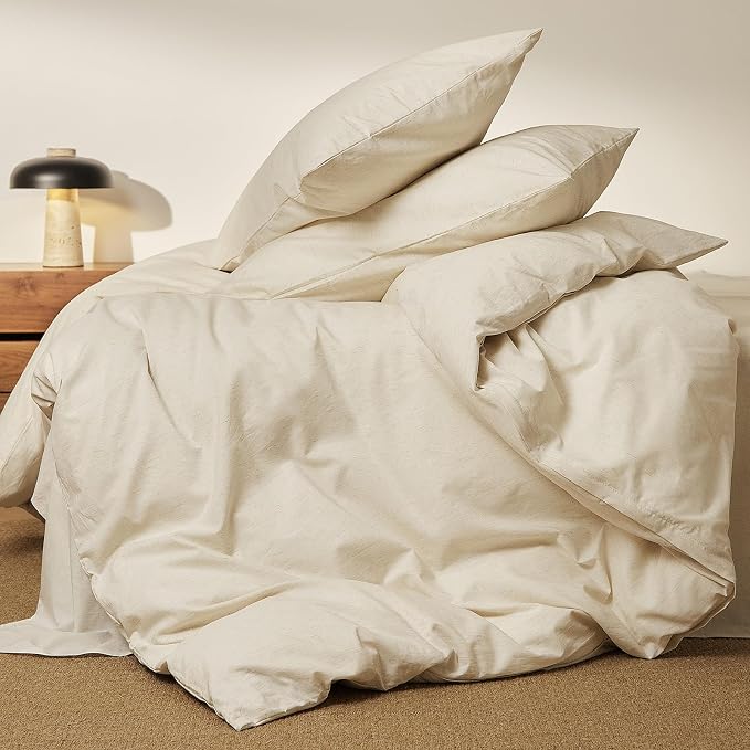 mixinni 3 Piece Washed Cotton Linen Blend Duvet Cover Set Queen Size, Soft Breathable Farmhouse Beige Neutral Solid Duvet Cover with Natural Linen Texture, 90x90 inches with 2 Pillowcases
