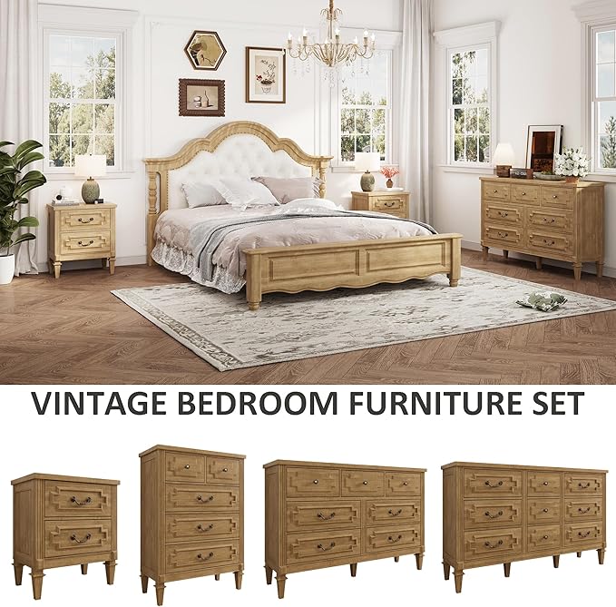 Farmhouse Nightstand wtih Vintage Surface, 30" End Table, Side Table with 2 Drawers Storage Cabinet for Bedroom, Living Room, Natural Oak