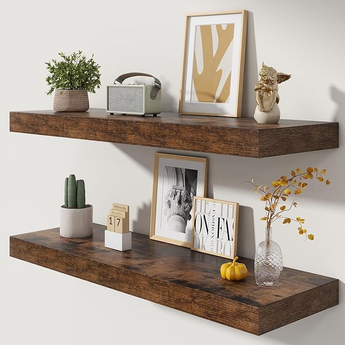 Deep Floating Shelves | 40 Inch Floating Shelves Set of 2 | 12 Inch Deep Brown Wood Wall Shelves | 40" W x 12" D Rustic Brown Shelves for Bathroom Living Room Kitchen Laundry Room
