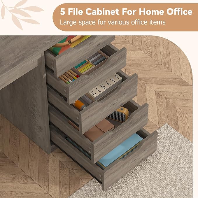 YOMILUVE 47 Inch Computer Desk with 5 Drawers and Power Outlets, Home Office Desks with Storage File Cabinet, Modern Simple Laptop Desk Writing Table for Small Spaces, Grey