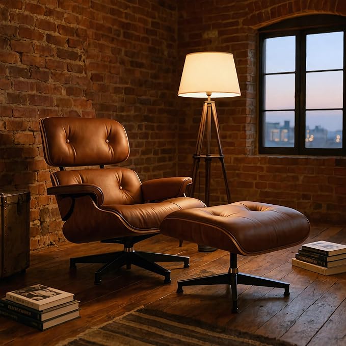 Top Grain Leather, Mid Century Chaise Lounge Chair and Ottoman, Reading Chair, Leather Accent Chair, Modern Chair, Classic Design, Heavy Duty Base Support for Living Room Lounge Office, Walnut-Brown