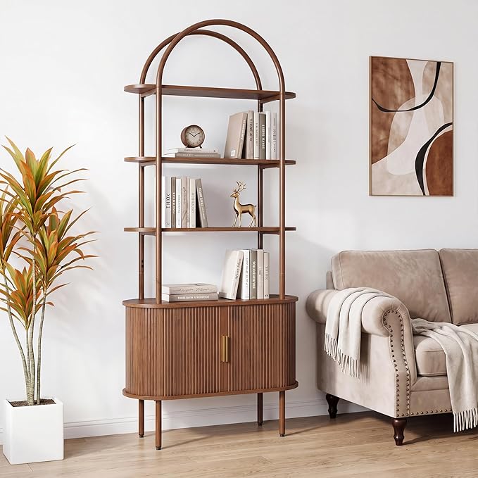 71" Tall Fluted Arched Bookshelf with Sliding Tambour Doors, Mid Century Modern Metal Curved Bookshelf Cabinet with Storage, 4-Tier Open Display Storage Shelf for Home Office, Living Room (Walnut)