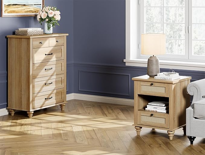 WAMPAT Rattan End Table with Charging Station for Living, Small Sofa Side Table with 2 Drawers & Open Shelf, Farmhouse Wooden Night Stand Retro Bedside Table for Living Room, Light Oak