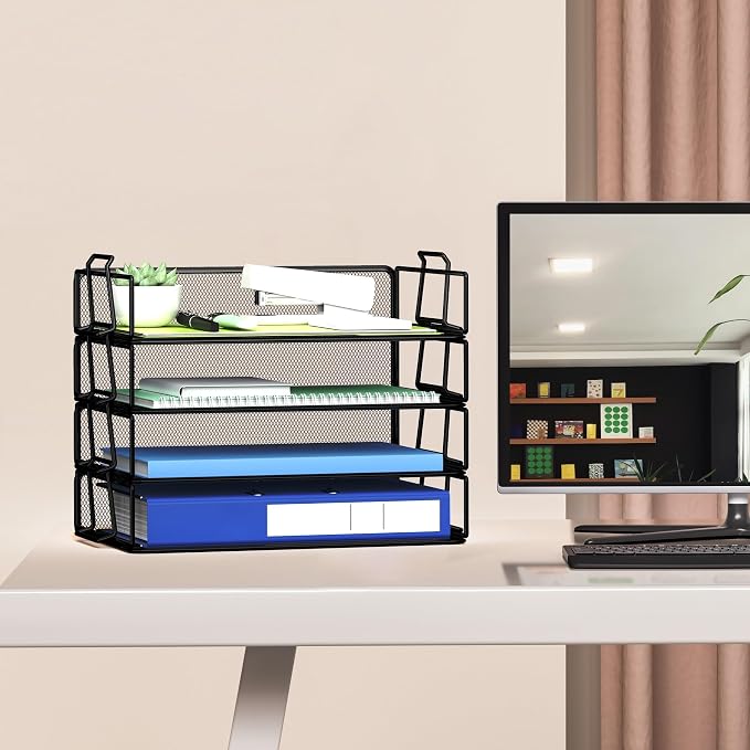 Stackable Letter Tray Paper Holder Desk Organizer for Home Office School, Black (4 Tier)