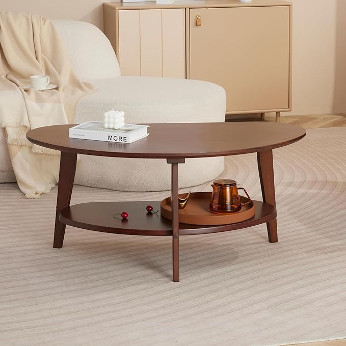 NAVREX Mid Century Modern Coffee Table with Storage, 2 Tier Oval Round Coffee Tables for Living Room, FSC Certifiled 100% Solid Bamboo Wood Center Table, Value Lies in Material (Walnut Finish)