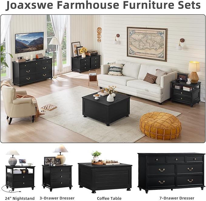 Farmhouse 7 Drawers Dresser Sets of 2 for Bedroom, Black 54 Inch Wide Chest of Drawers w/ 4 Wooden Legs, Large Vintage Rustic Closet Dressers for Living Room, Wood TV Stand
