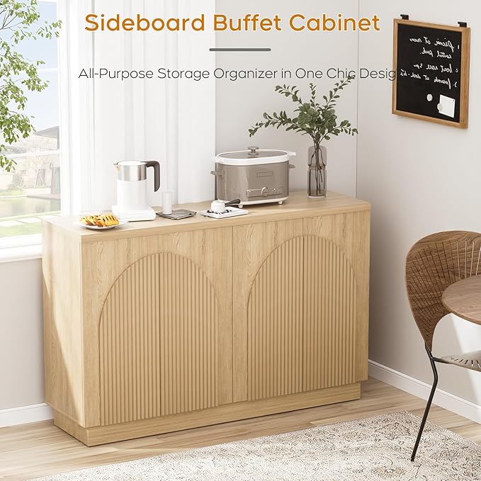 Yechen Accent Fluted Sideboard Buffet Cabinet with Arched Reeded Doors, Mid Century Modern Credenza Storage with Adjustable Shelves, Media Console Table for Living Room, Kitchen, Entryway, or Hallway