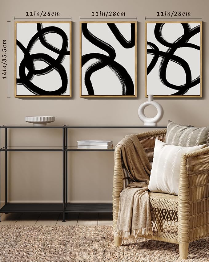 Drsoum Black and Gray Abstract Framed Wall Art Decor Duotone Minimal Dark Brush Stroke Prints Shapes Illustrations Modern Art Decorative Ready To Hang - 11x14in Natural Framed