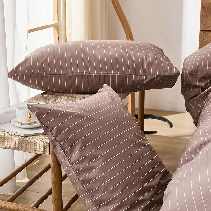 Merryword 100% Cotton Duvet Cover Set Queen Size, Brown Pinstripe Bedding Set with 2 Pillowcases, Soft Breathable Comforter Cover, Natural Cotton Linen Like Bedding Set for Cozy Home Bedroom