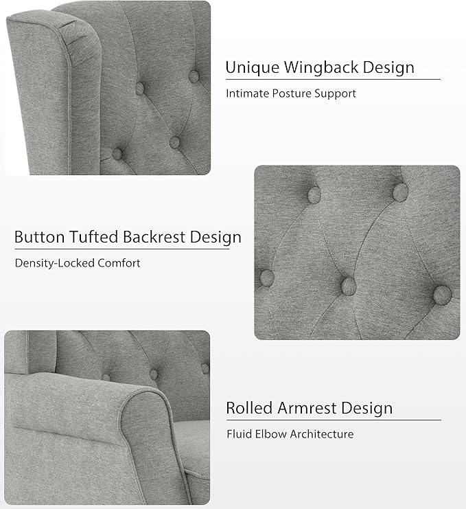 Lumibee High Back Accent Chair,Upholstered Wingback Armchair with Solid Wood Legs for Small Spaces,Comfy Single Sofa Chair for Living Room,Bedroom,Office-Light Gray