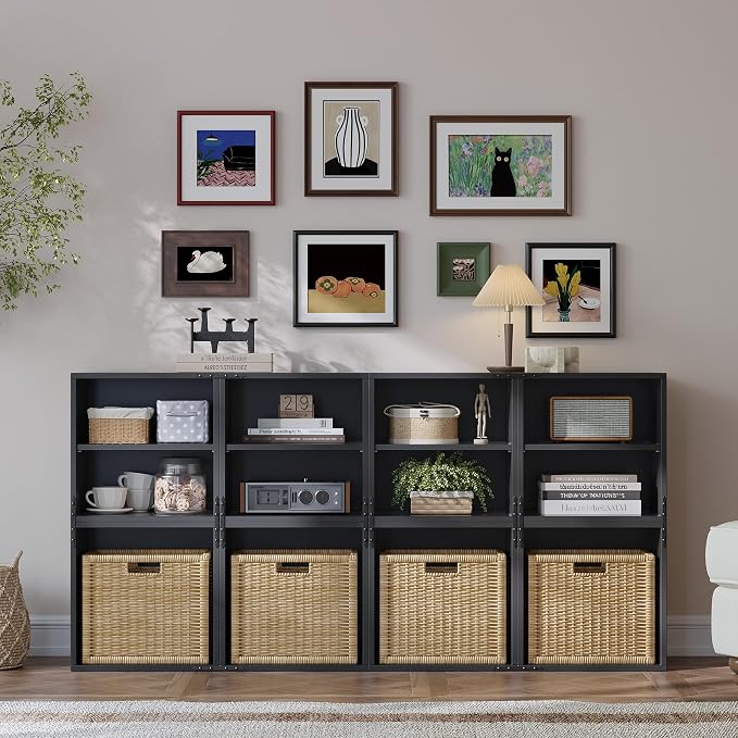 Homkdom 4 Cube Storage Organizer with 2 Removable Open Shelves, DIY Bookcase with Anti-Tip Design, Stackable Cube Shelf for Bedroom, Office, Dorm, Black