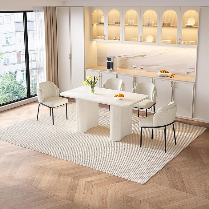 Dining Table Set for 4, 55.11" Rectangular Kitchen Table with 4 Chairs, 5-Piece Dining Set with Spacious Top & Waved Legs for Kitchen, Living Room, Home, Apartment, White