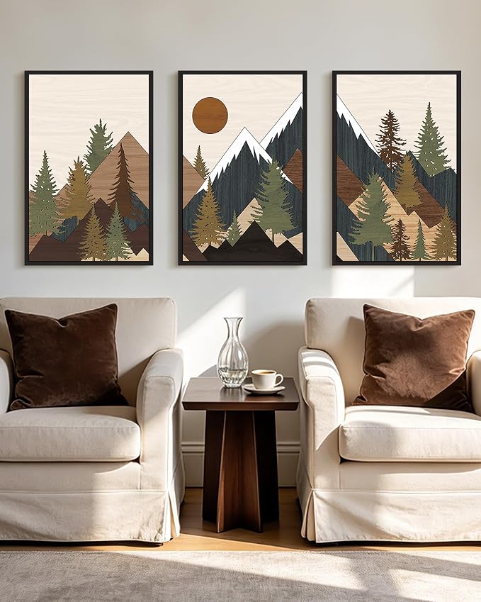 KUVIOKE Morden Mountains Framed Wall Art Boho Pine Tree Forest Nature Landscape Artwork Bohemain Farmhouse Rustic Bedroom Living Room Decor 24x36in (Black Framed)