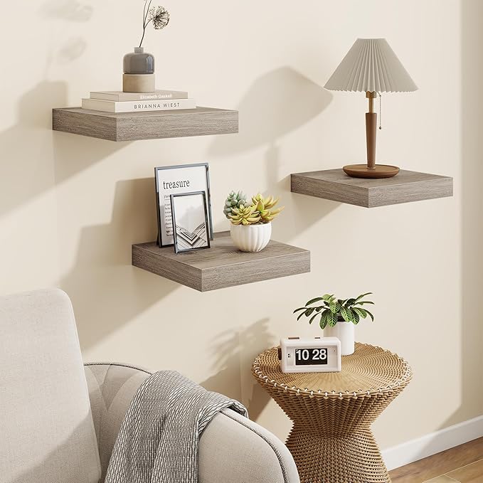 Marsmiles Square Floating Shelves for Wall, 8" W x 8" D x 1.25" H, 3 Pack Small Wall Mounted Engineered Wood Shelves with Invisible Brackets for Living Room, Bedroom, Bathroom, Kitchen Decor, Grey