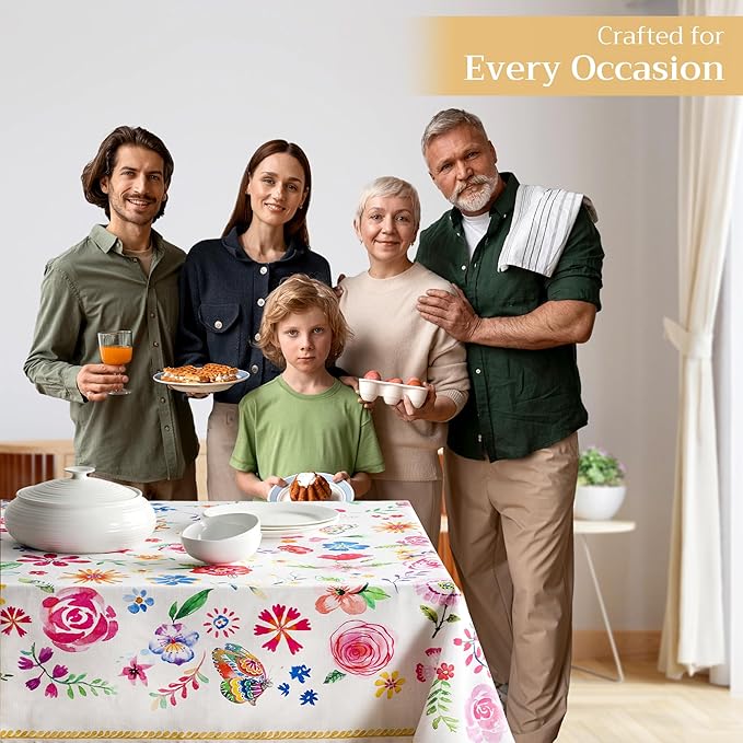 Maison d' Hermine Table Cloth Rectangle Table 100% Cotton 70 x 90 Inches Tablecloth Reusable Decorative for Dining Room Farmhouse Home Valentines Day Decorations Spring Summer - Happy Florals - Sweety