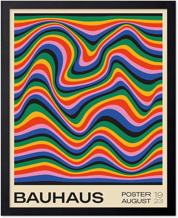 Poster Master Bauhaus Poster - Psychedelic Waves Print - Abstract ART - Rainbow ART - Groovy Style - Chic Boho - Mid Century Modern - Living Room or Bedroom Wall Decor - 16x20 Black Framed