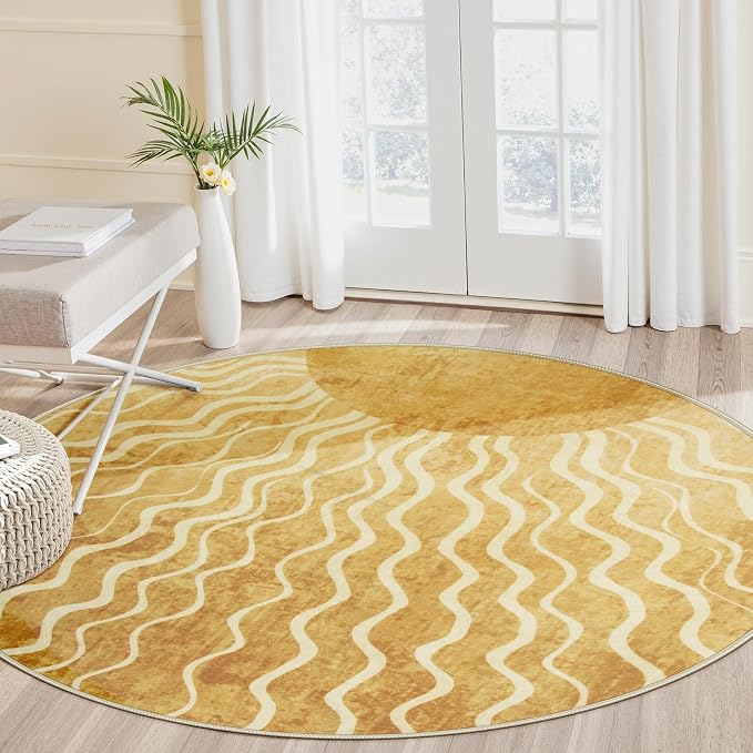 Wonnitar Sun Print Round Area Rug, Boho Washable 5ft Circle Rug for Kids Room Playroom, Gradient Yellow Ultra-Thin Non-Slip Round Carpet for Living Room Classroom Bedroom Entryway