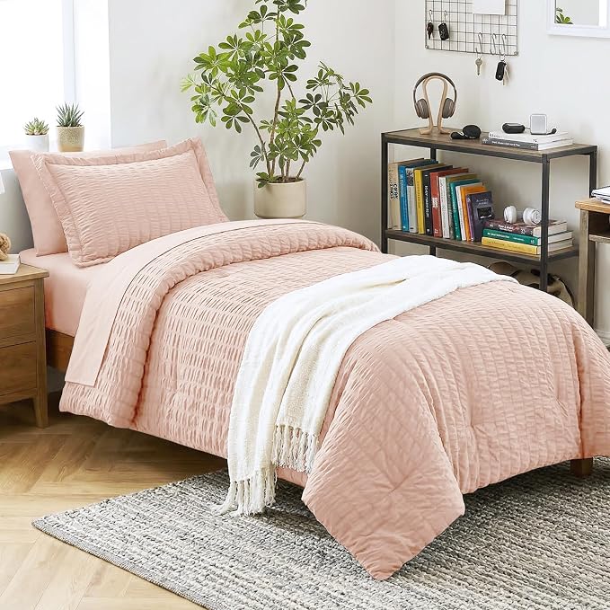 CozyLux Twin XL Comforter Set for College Dorm, 5 Pieces Blush Pink Seersucker Twin Extra Long Bed in a Bag, Down Alternative Bedding Set with Comforter, Sheets, Pillowcase & Sham, Back to School Gift