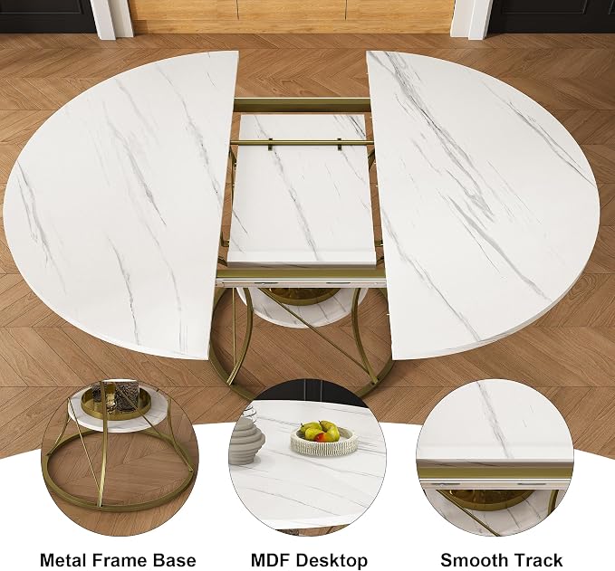 43"-59" Extendable Round Dining Table for 4-6,Mid Century Modern White and Gold Table,Expandable Kitchen Table with Storage Shelf for Small Spaces