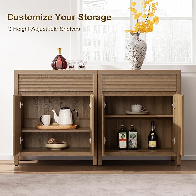 SICOTAS Fluted Buffet Cabinet with Storage - 58“ Large Sideboard Cabinet with Drawers & 3-Level Adjustable Shelf, Modern Credenza Coffee Bar Console Table for Kitchen Living Room Entryway, Caramel Oak