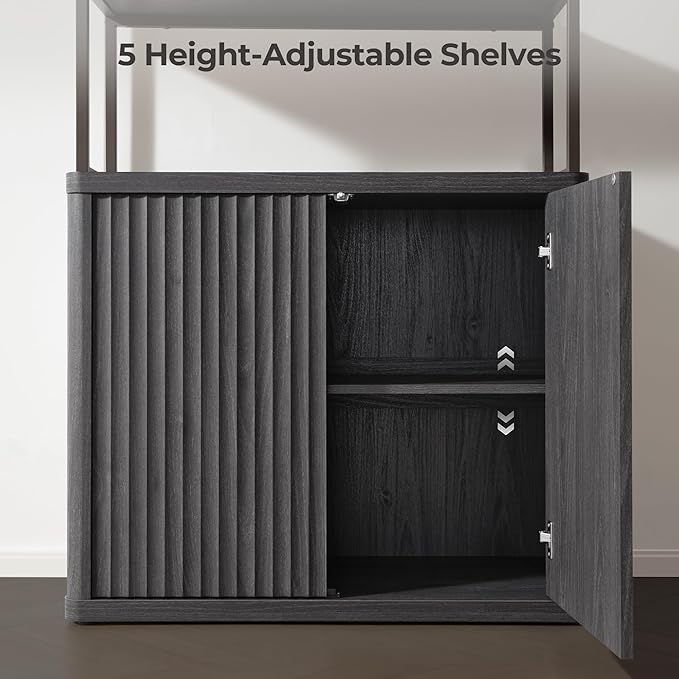 SICOTAS Book Shelf Fluted Bookshelf 71" Tall Bookcase with Doors Storage 5 Tier Mid Century Modern Bookshelves Large Shelves Metal Book Cases for Living Room Office Bedroom Kitchen Library (Black)