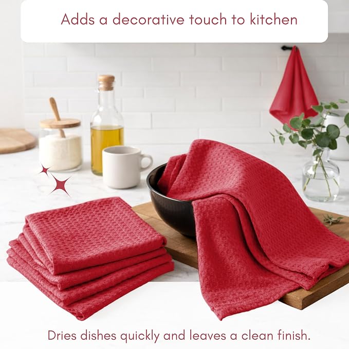 TWINY threads Red Kitchen Towels Set of 12, 16x26 Inches, 100% Cotton Waffle Weave Dish Towels, Soft and Absorbent Tea Towels with Hanging Loop, Washable Reusable Cloths for Cleaning