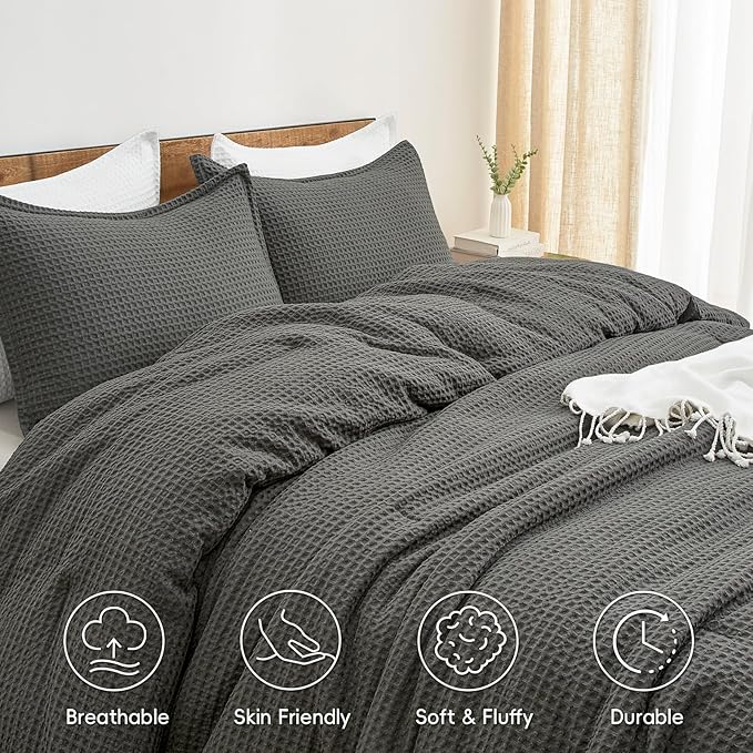 PHF Ultra Soft Waffle Weave Comforter Set King Size, 3 Pieces Lightweight Breathable Comfy Bedding Set, Comfy Textured 1 Comforter with 2 Pillow Shams, Grey