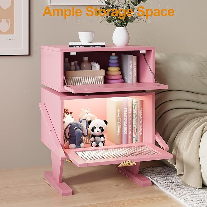 RoyalCraft Large Nightstand Set of 2 with LED Lighs, Pink End Table with 360°Rotating Drawer, Modern Bedside Table with Storage, Wood Night Stand for Bedroom, Home Office, Pink