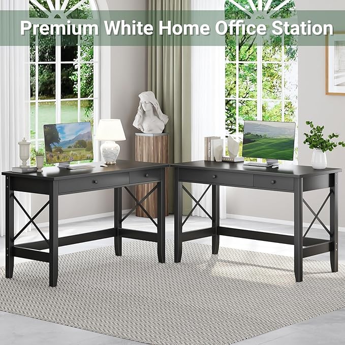 JSB 43.3'' Black Computer Desk for Home Office,Farmhouse Executive Desk with 2 Drawers,Study Writing Table Storage Cabinet,Makeup Vanity Desk for Bedroom (Black, 43.3 inch)