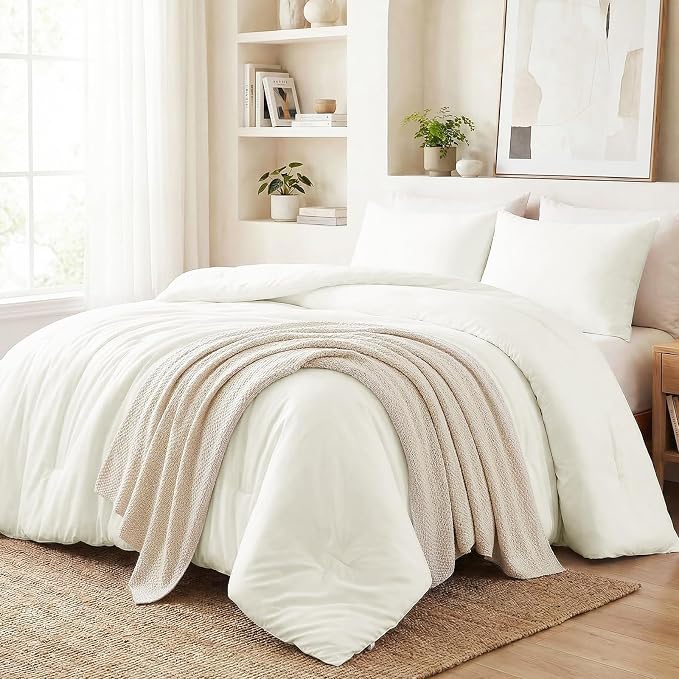 CozyLux Queen Comforter Set Ivory, 3 Pieces Lightweight Comforters Queen Size Quilted Bedding Sets, All Season Breathable Solid Down Alternative Comforter with 2 Pillowcases, Bed Set Gift for Home