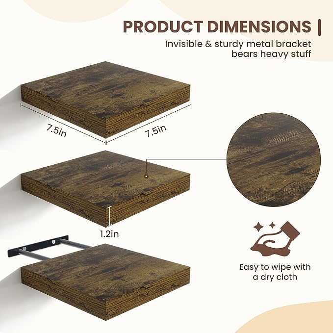 Fun Memories Floating Shelves for Wall - 7.5 Inch Square Shelves with Invisible Brackets, Small Wall Shelf for Living Room, Bathroom, Bedroom, and Kitchen Decor，Brown Set of 3