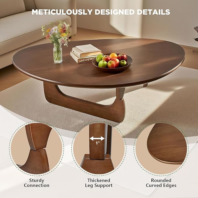 Solid Wood Triangle Coffee Table,Unique Mid Century Modern Oval Coffee Table,Irregular Geometric Tea Tables for Home Living Room with Wooden Tabletop and Reinforced Legs Walnut 43" L x 31" W x 16" H