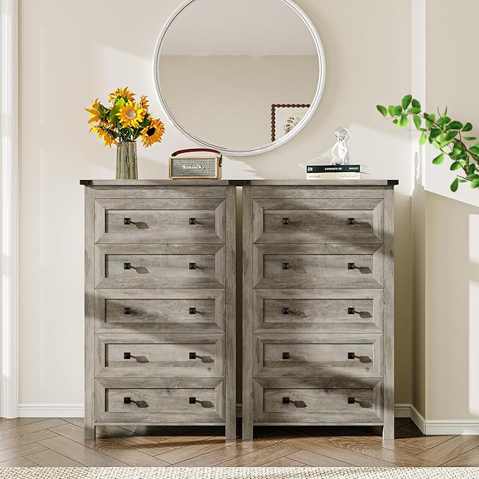 Grey Dresser Tall 5 Drawer Dresser for Bedroom, Wooden Dressers & Chests of Drawers with Metal Handles, Modern Storage Cabinet and Organizer Drawers for Living Room, Hallway, Gray