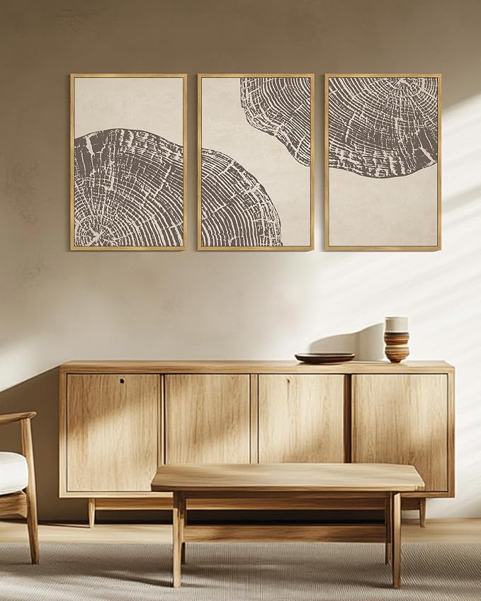 KUVIOKE Framed Tree Rings Wood Wall Art Modern Retro Beige Wood Stump Wall Decor Nature Rustic Art Print for Farmhouse Living Room Bedroom 24x36in (Natural Framed)
