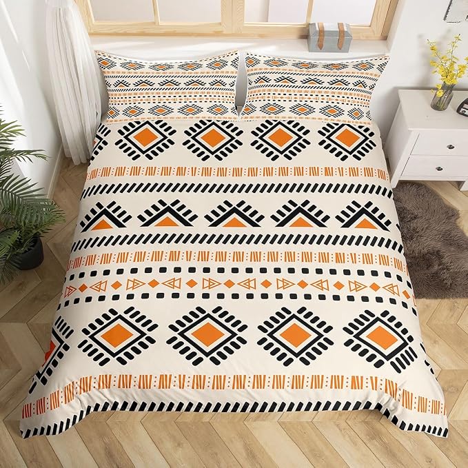 Erosebridal Bohemian Aztec Duvet Cover Full Boho Hippie Bedding Set, Western Tribal Pattern Comforter Cover Native Indian American Bed Set, Abstract Geometric Bedding Beige Black Orange 3pcs