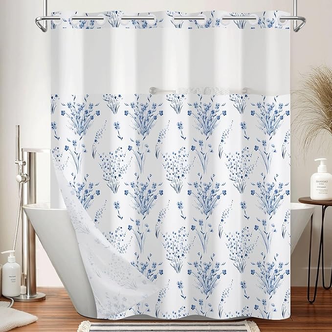 No Hook Bathroom Shower Curtain and Liner Set, Watercolor Blue Floral in White Cloth, Double Layer Waterproof Fabric Bath Tub Curtain with Snap in Liner, See Through Top, 71 x 74 Inch