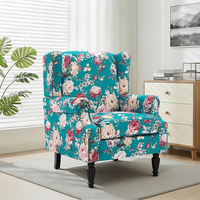 Wingback Chair, High Back Floral Accent Chair in Fabric, Comfy Upholstered Armchair with Nailhead Trim for Living Room, Single Sofa Reading Chair for Small Spaces, Bedroom-Peacock Blue