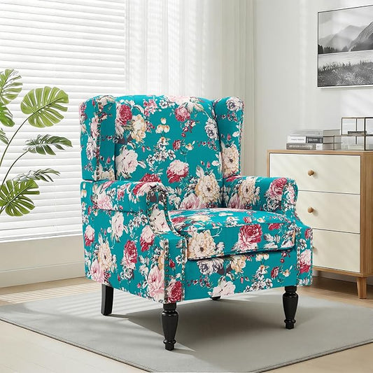 Wingback Chair, High Back Floral Accent Chair in Fabric, Comfy Upholstered Armchair with Nailhead Trim for Living Room, Single Sofa Reading Chair for Small Spaces, Bedroom-Peacock Blue