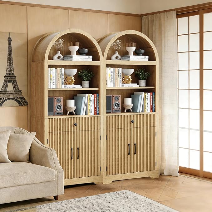 Farmhouse Arched Bookshelf, Mid-Century Modern 5-Tier Curved Cabinet with Door, Wooden Bathroom Storage Cabinet, Kitchen Pantry Cabinet for Living Room, Kitchen，Home Office, Natural X2